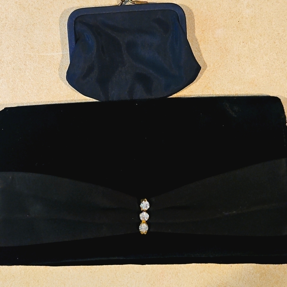 Black Velvet Clutch With Coin Purse Gem And Satin Embellishment Vintage